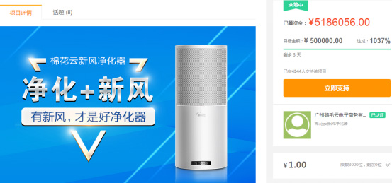 1037%！新风净化器成苏宁众筹最热门项目