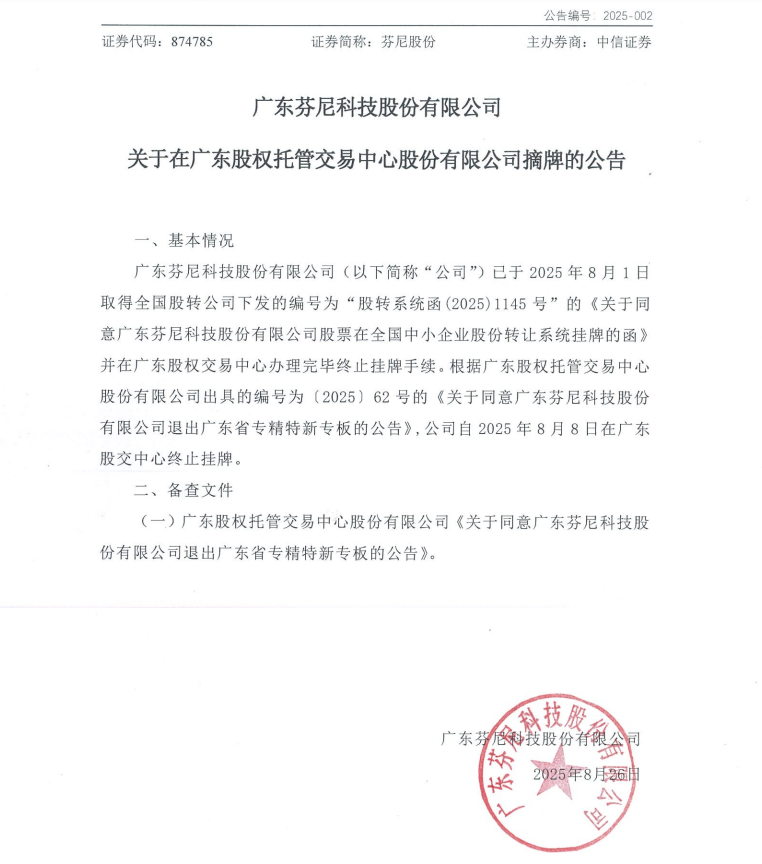 广东芬尼科技股份有限公司在广东股交中心终止挂牌